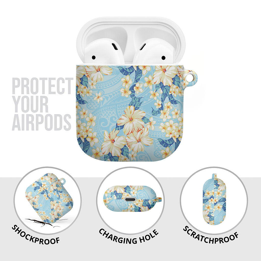 Hawaii Hibiscus Plumeria Blue AirPods Case Polynesian Pattern