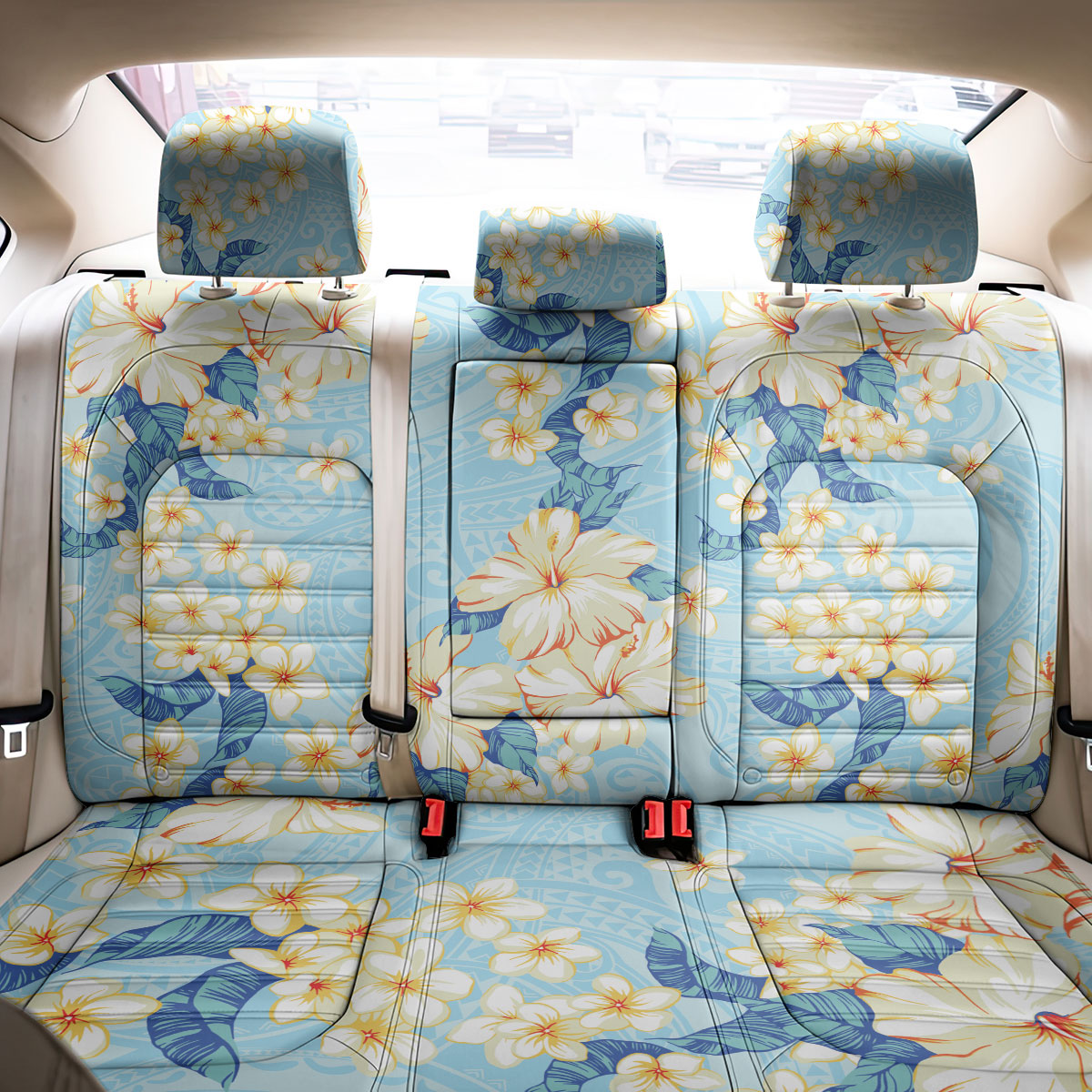 Hawaii Hibiscus Plumeria Blue Back Car Seat Cover Polynesian Pattern
