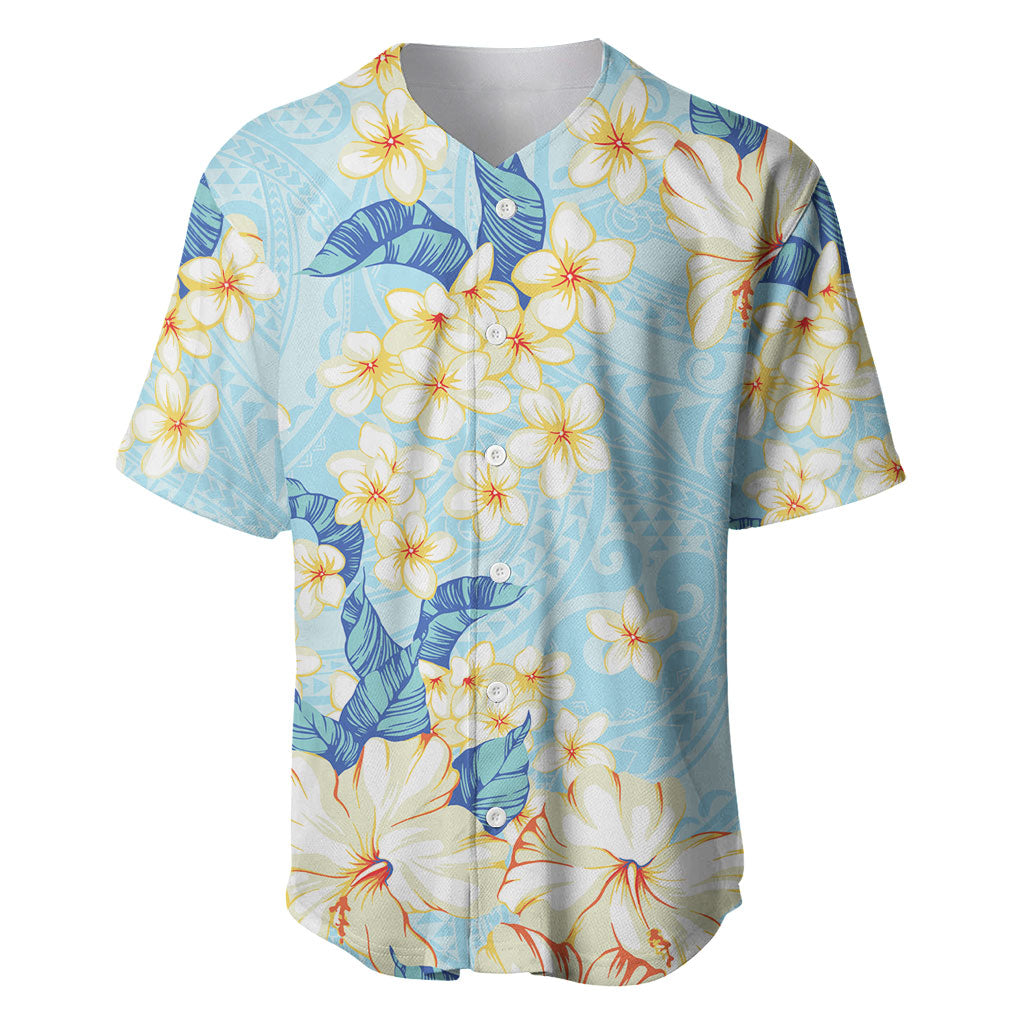Hawaii Hibiscus Plumeria Blue Baseball Jersey Polynesian Pattern