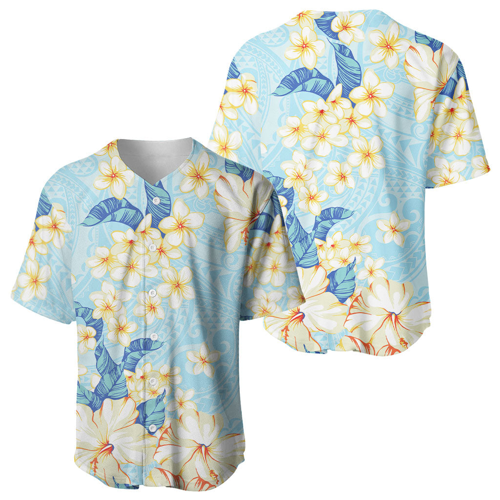 Hawaii Hibiscus Plumeria Blue Baseball Jersey Polynesian Pattern