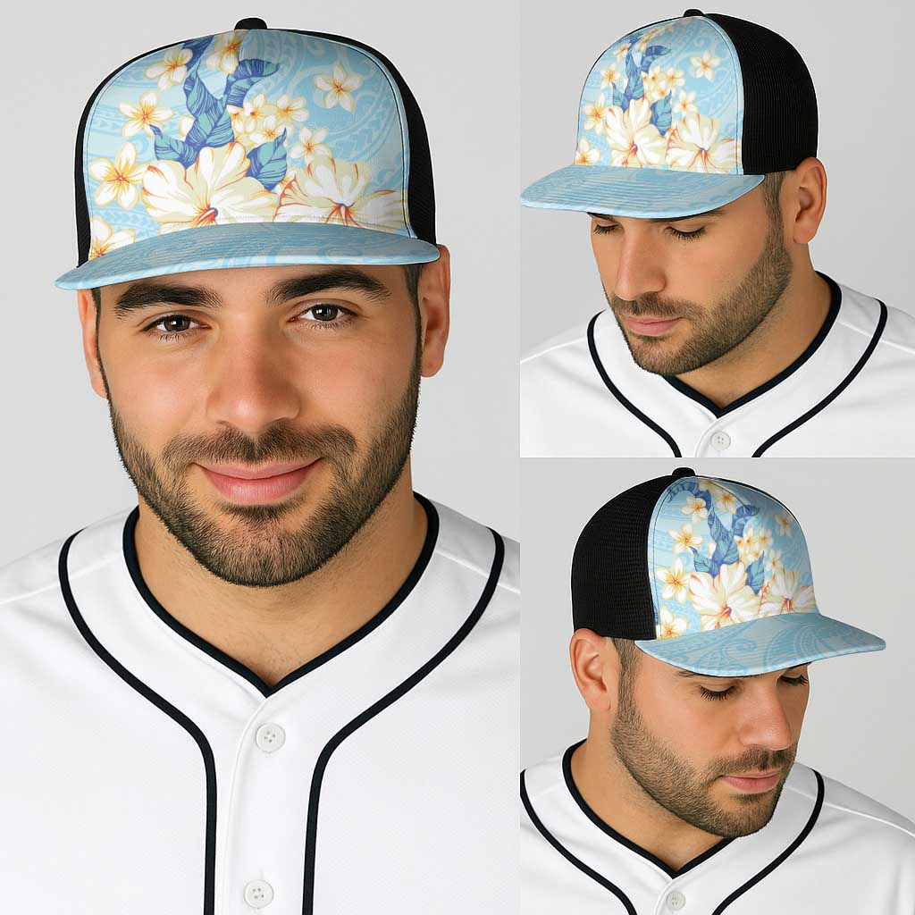 Hawaii Hibiscus Plumeria Blue Baseball Net Cap Polynesian Pattern