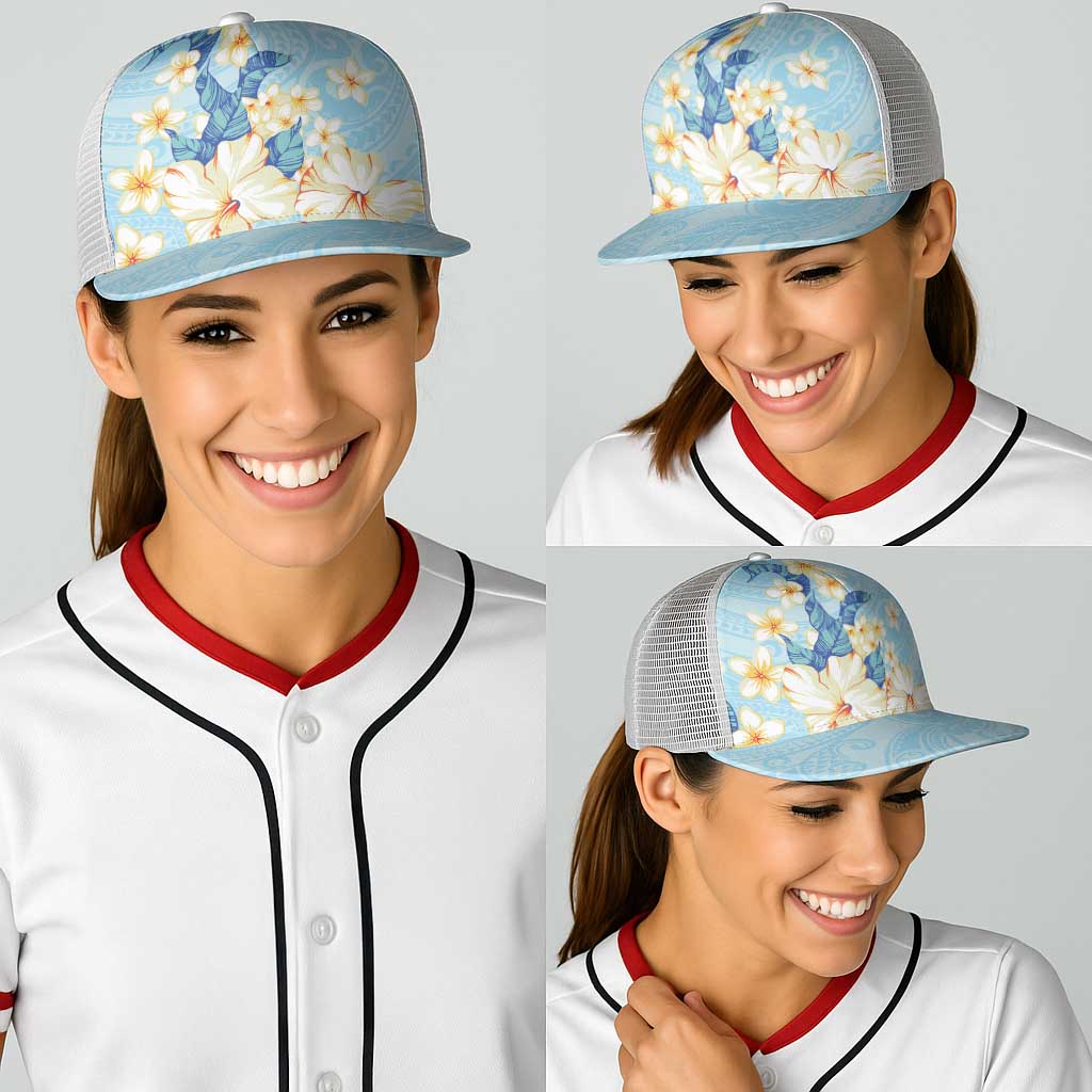 Hawaii Hibiscus Plumeria Blue Baseball Net Cap Polynesian Pattern