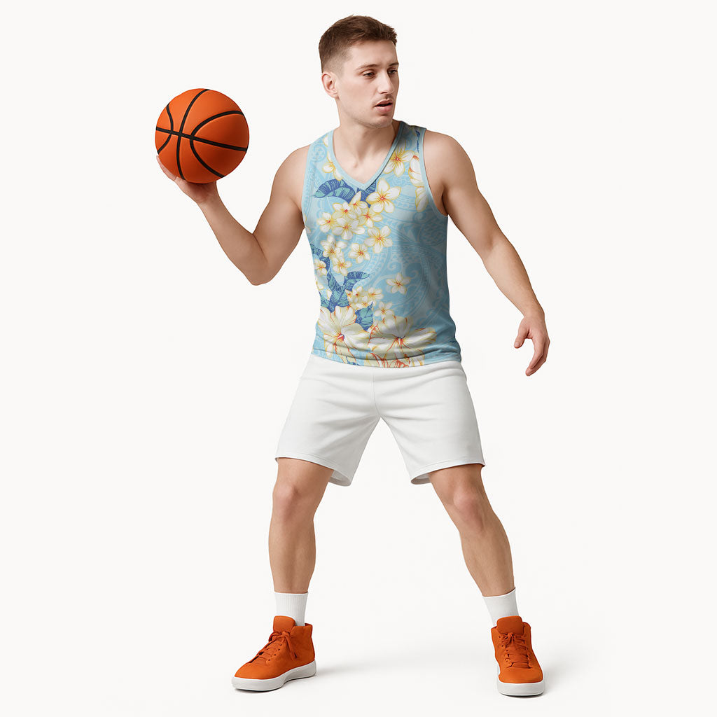 Hawaii Hibiscus Plumeria Blue Basketball Jersey Polynesian Pattern