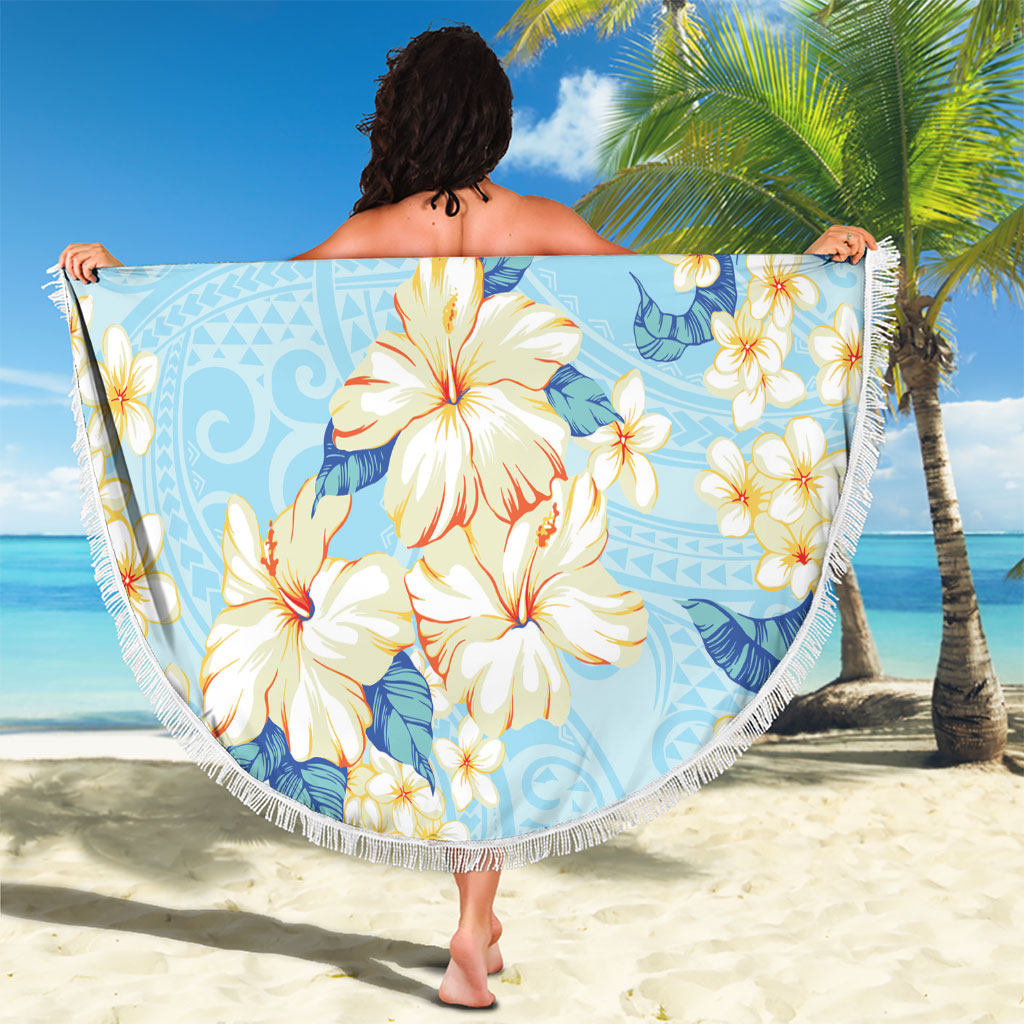 Hawaii Hibiscus Plumeria Blue Beach Blanket Polynesian Pattern