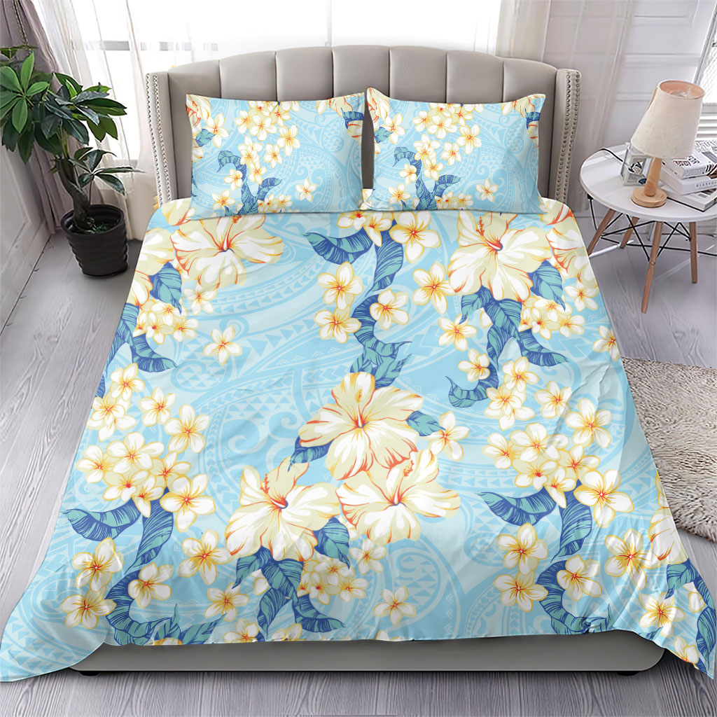 Hawaii Hibiscus Plumeria Blue Bedding Set Polynesian Pattern