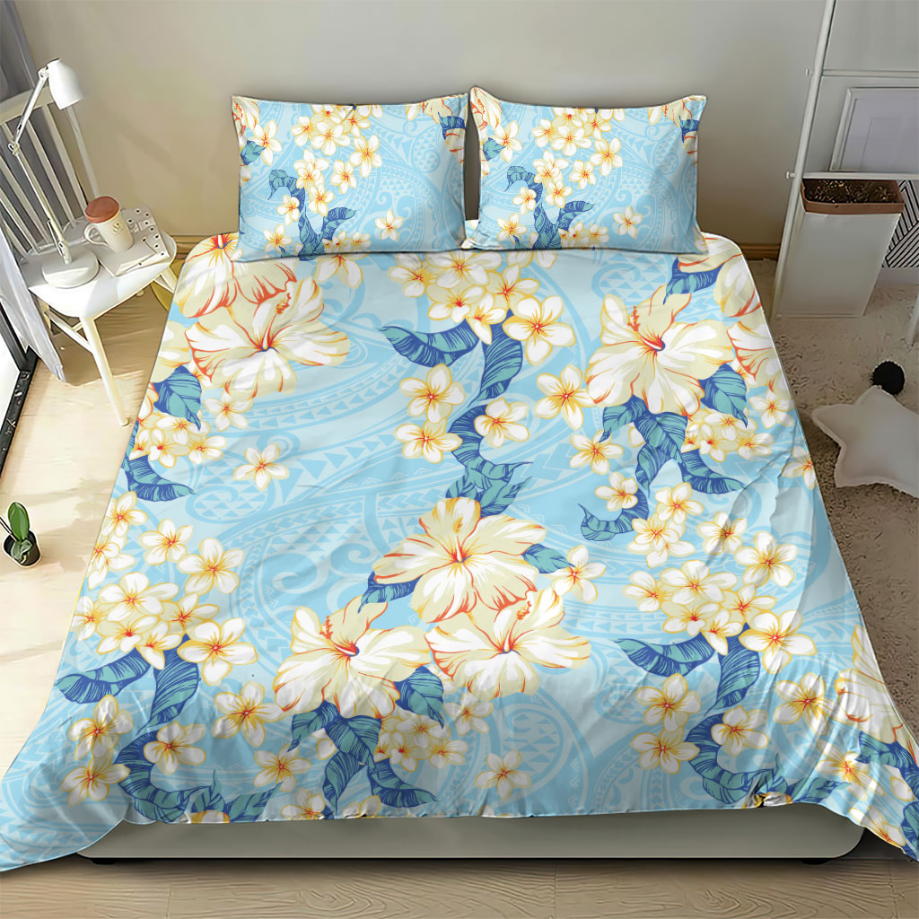 Hawaii Hibiscus Plumeria Blue Bedding Set Polynesian Pattern
