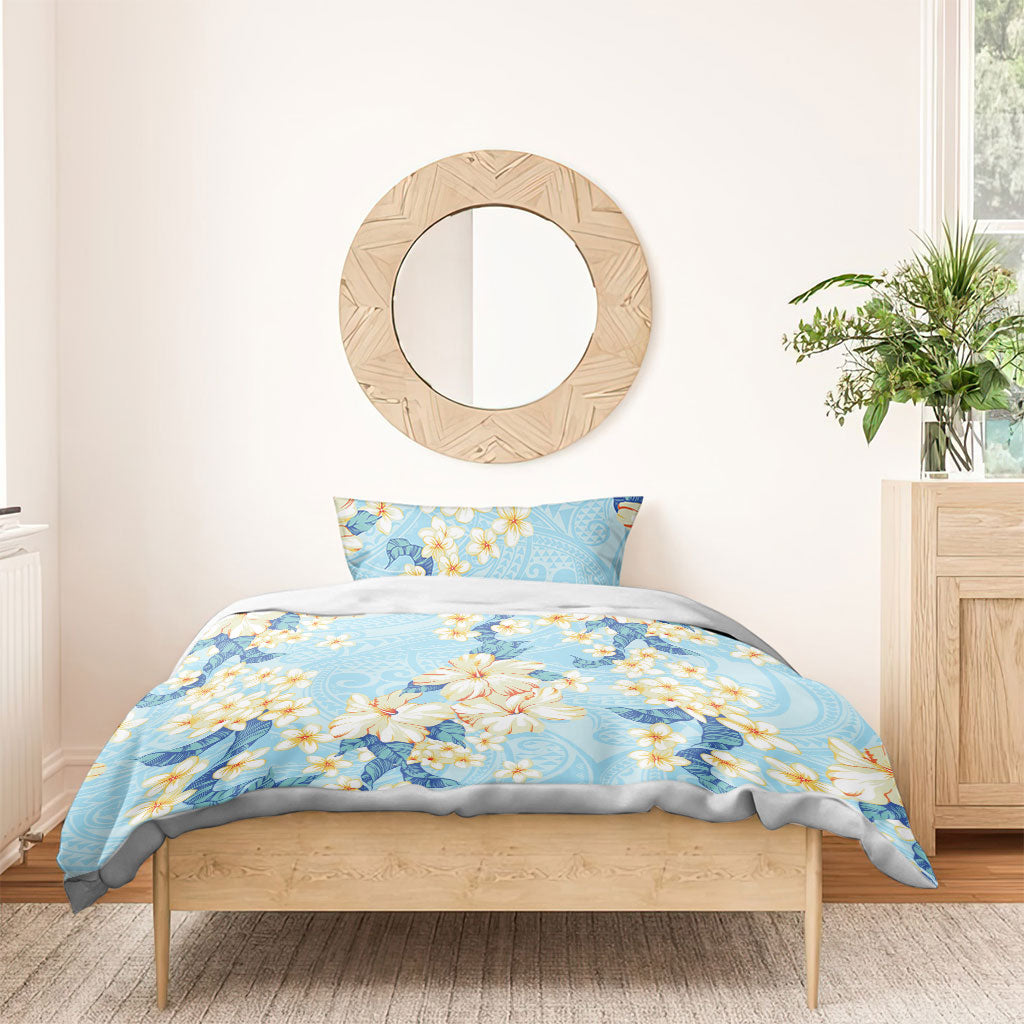 Hawaii Hibiscus Plumeria Blue Bedding Set Polynesian Pattern