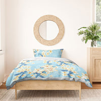 Hawaii Hibiscus Plumeria Blue Bedding Set Polynesian Pattern