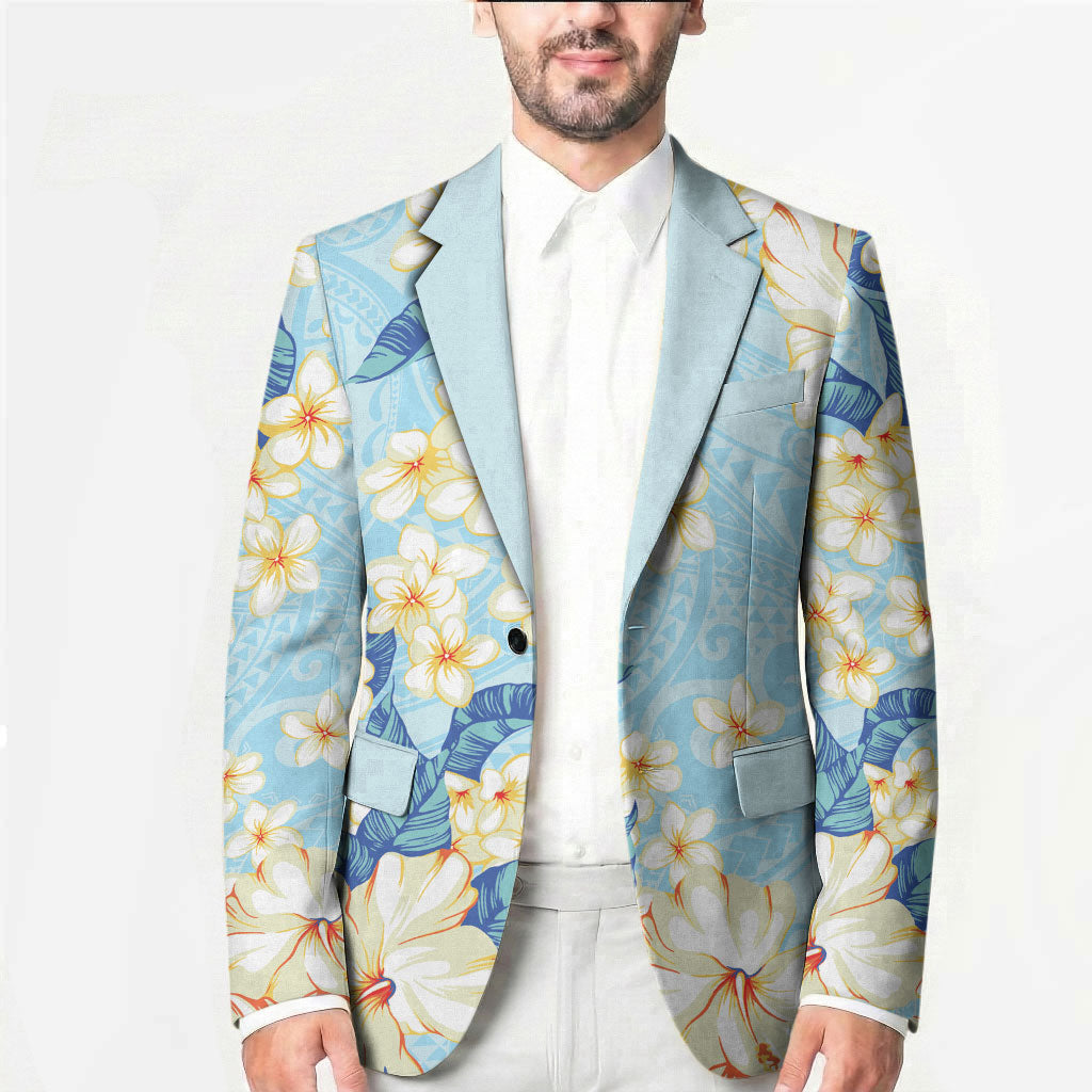 Hawaii Hibiscus Plumeria Blue Blazer Polynesian Pattern