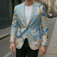 Hawaii Hibiscus Plumeria Blue Blazer Polynesian Pattern