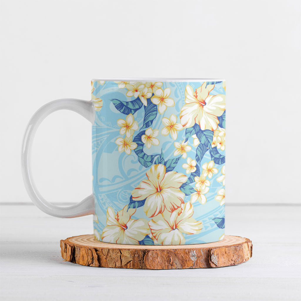 Hawaii Hibiscus Plumeria Blue Ceramic Mug Polynesian Pattern