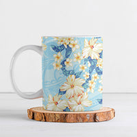 Hawaii Hibiscus Plumeria Blue Ceramic Mug Polynesian Pattern