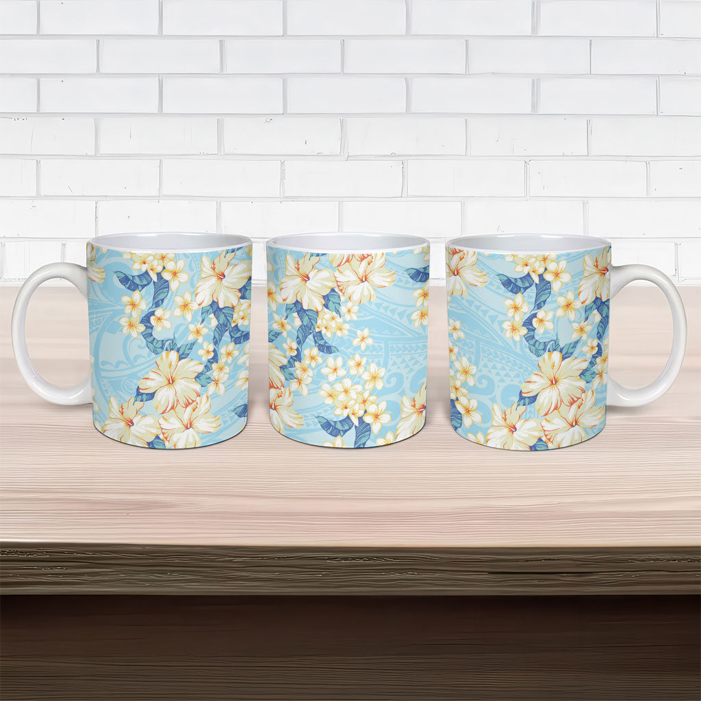 Hawaii Hibiscus Plumeria Blue Ceramic Mug Polynesian Pattern