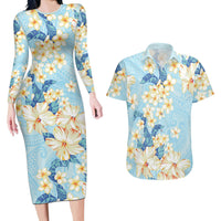 Hawaii Hibiscus Plumeria Blue Couples Matching Long Sleeve Bodycon Dress and Hawaiian Shirt Polynesian Pattern