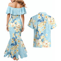 Hawaii Hibiscus Plumeria Blue Couples Matching Mermaid Dress and Hawaiian Shirt Polynesian Pattern