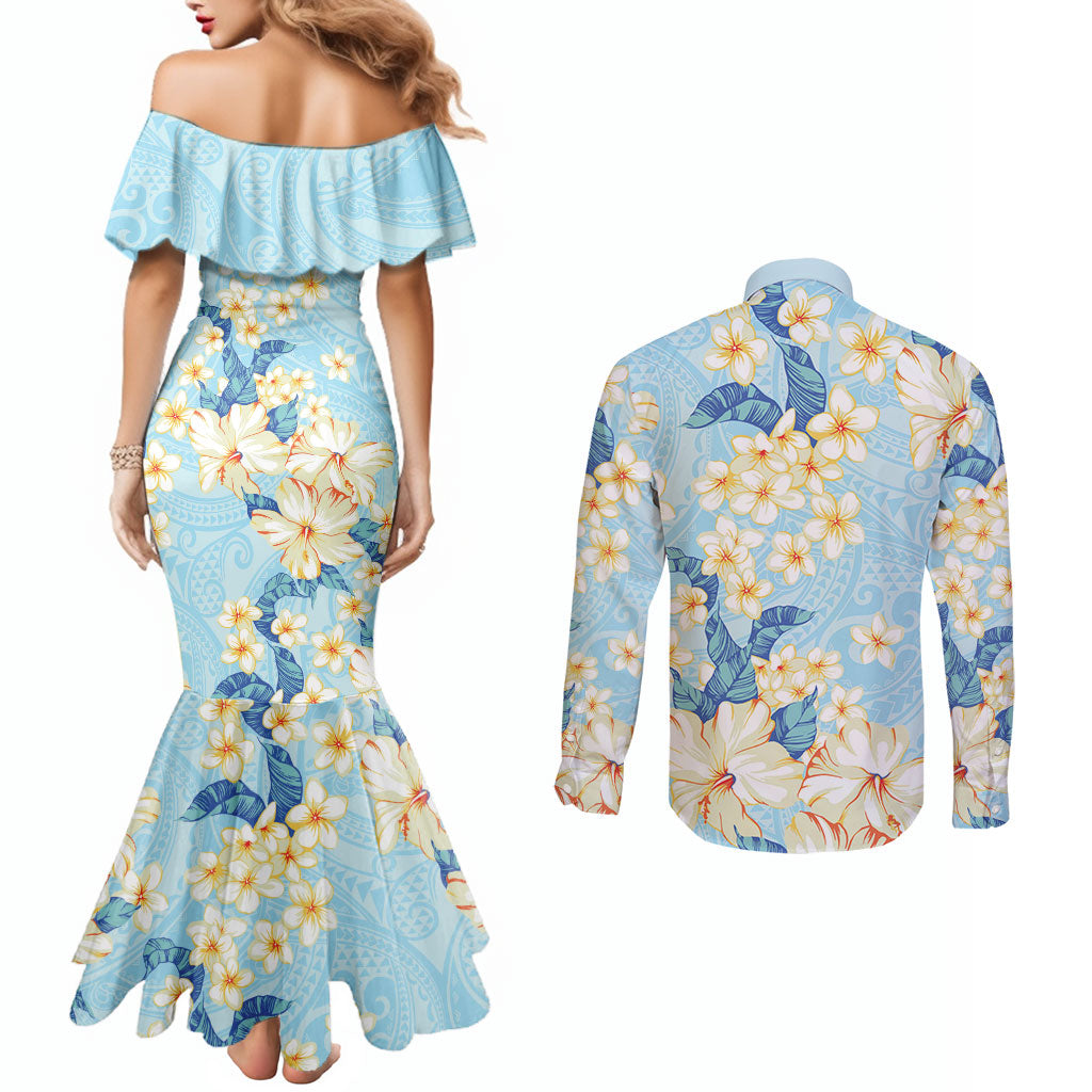 Hawaii Hibiscus Plumeria Blue Couples Matching Mermaid Dress and Long Sleeve Button Shirt Polynesian Pattern