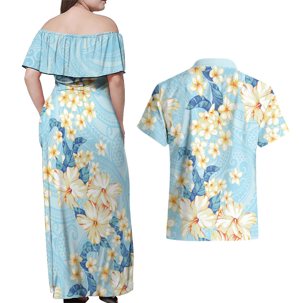 Hawaii Hibiscus Plumeria Blue Couples Matching Off Shoulder Maxi Dress and Hawaiian Shirt Polynesian Pattern