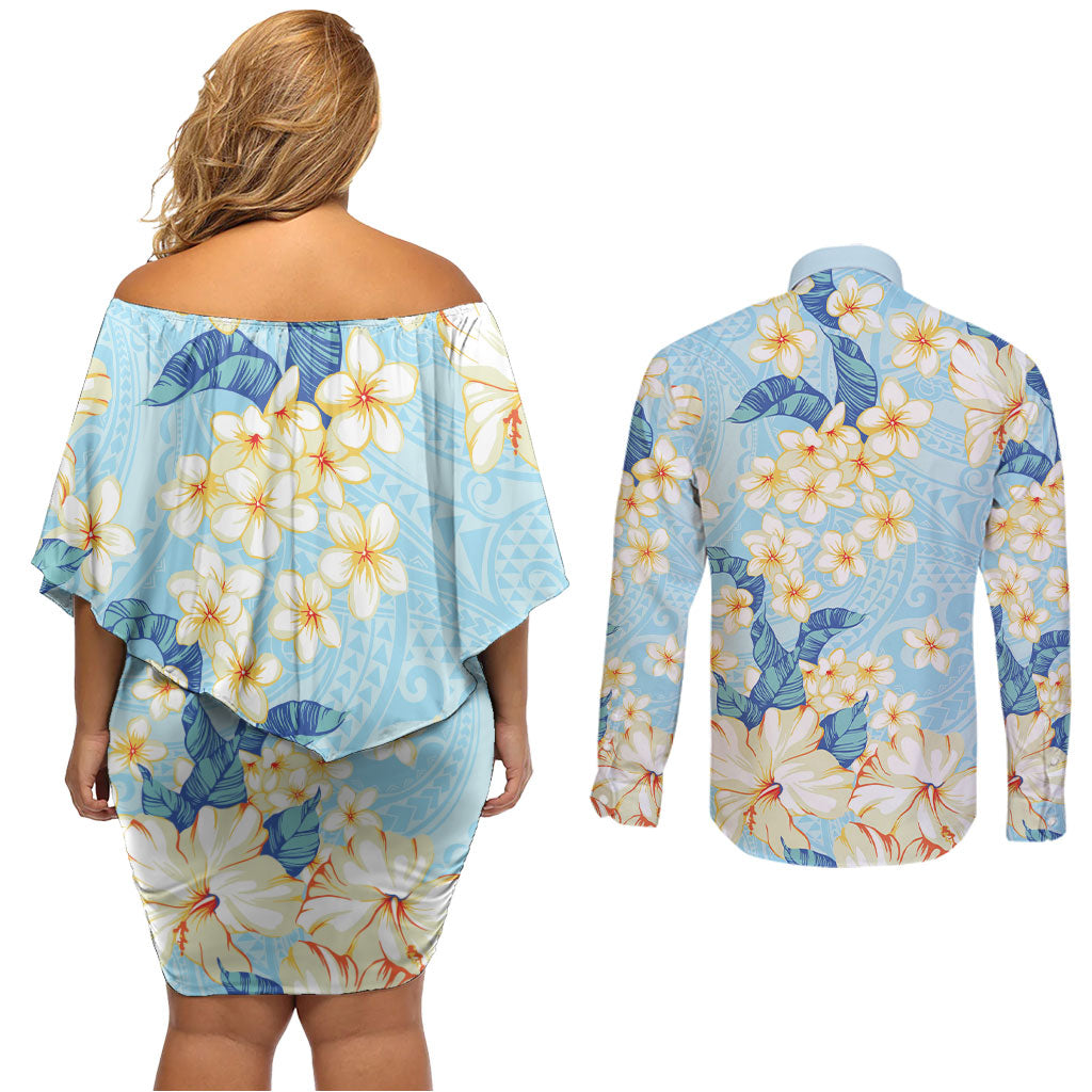 Hawaii Hibiscus Plumeria Blue Couples Matching Off Shoulder Short Dress and Long Sleeve Button Shirt Polynesian Pattern