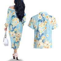 Hawaii Hibiscus Plumeria Blue Couples Matching Off The Shoulder Long Sleeve Dress and Hawaiian Shirt Polynesian Pattern