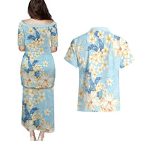 Hawaii Hibiscus Plumeria Blue Couples Matching Puletasi and Hawaiian Shirt Polynesian Pattern