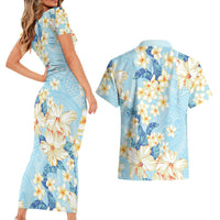 Hawaii Hibiscus Plumeria Blue Couples Matching Short Sleeve Bodycon Dress and Hawaiian Shirt Polynesian Pattern