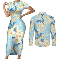 Hawaii Hibiscus Plumeria Blue Couples Matching Short Sleeve Bodycon Dress and Long Sleeve Button Shirt Polynesian Pattern