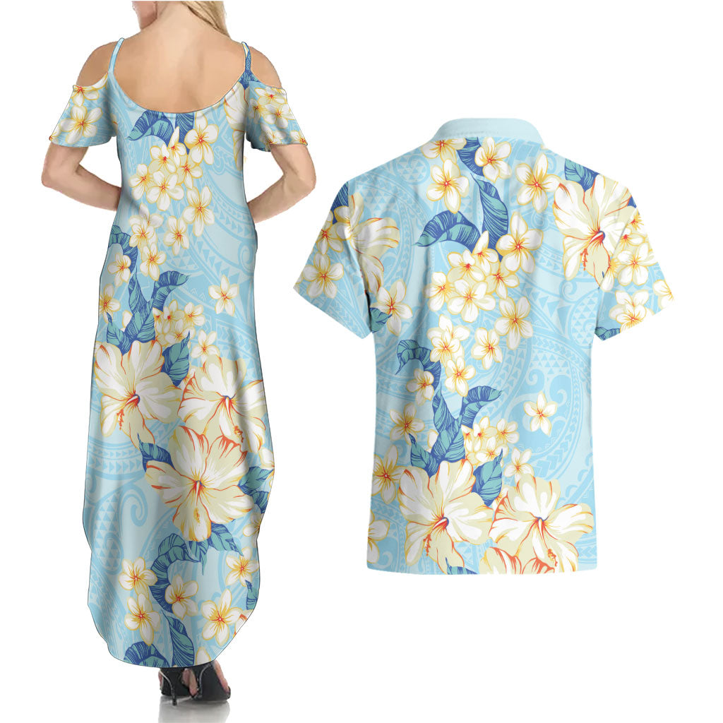 Hawaii Hibiscus Plumeria Blue Couples Matching Summer Maxi Dress and Hawaiian Shirt Polynesian Pattern