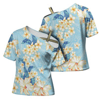Hawaii Hibiscus Plumeria Blue Cross Shoulder Shirt Polynesian Pattern