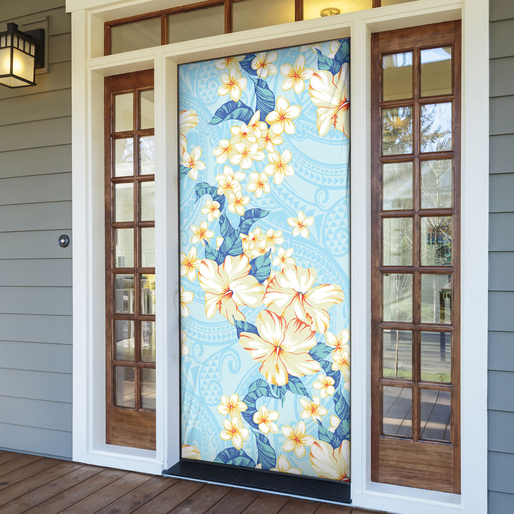 Hawaii Hibiscus Plumeria Blue Door Cover Polynesian Pattern