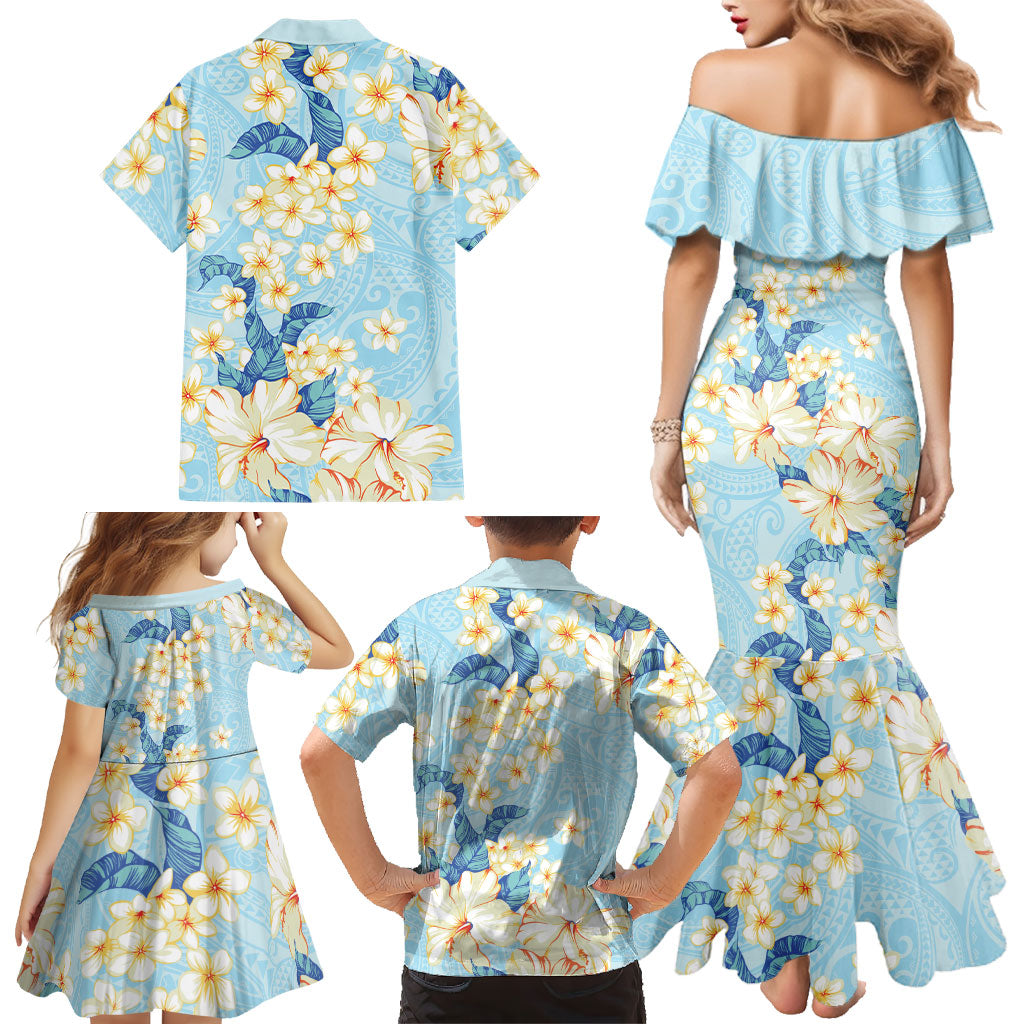 Hawaii Hibiscus Plumeria Blue Family Matching Mermaid Dress and Hawaiian Shirt Polynesian Pattern