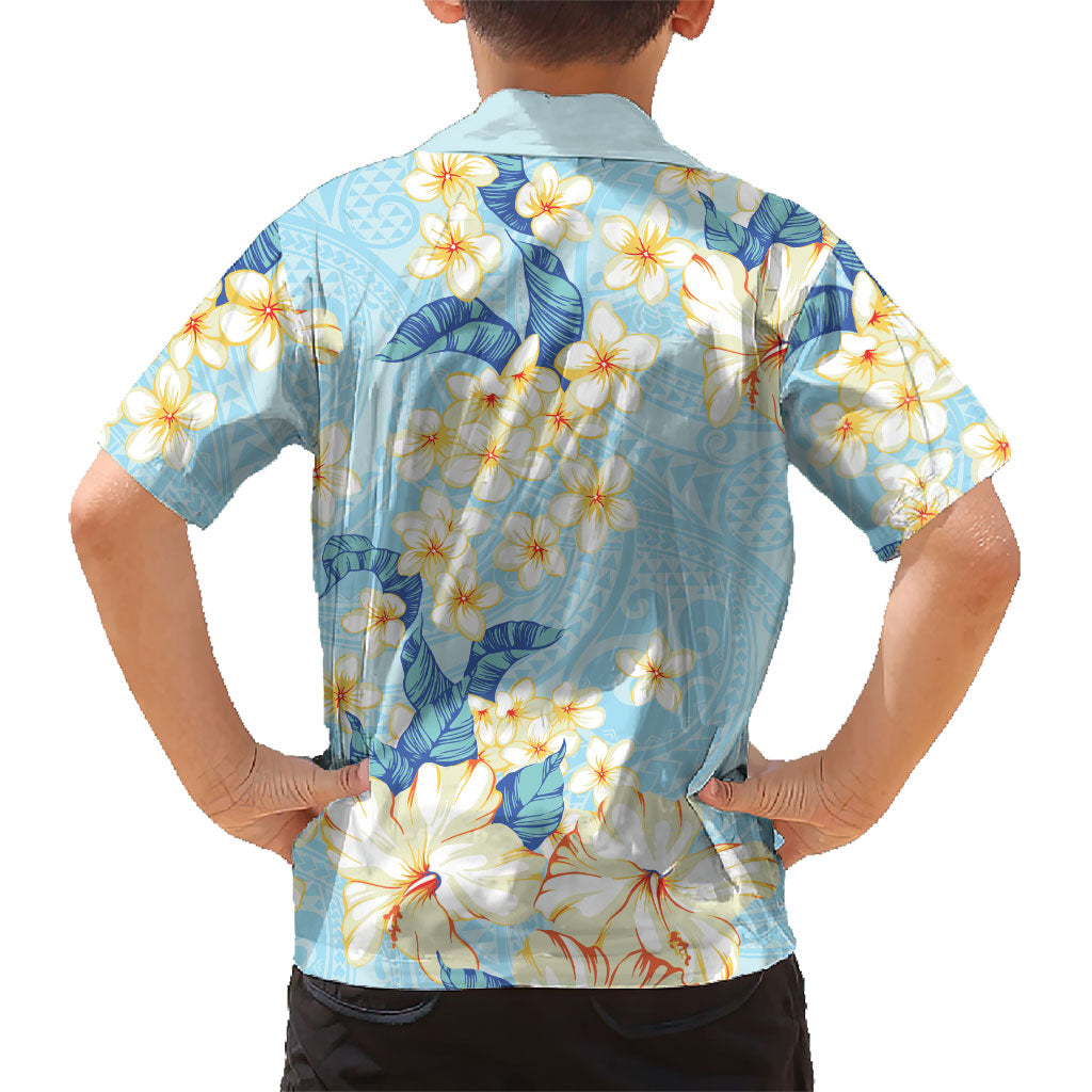 Hawaii Hibiscus Plumeria Blue Family Matching Off The Shoulder Long Sleeve Dress and Hawaiian Shirt Polynesian Pattern