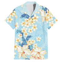 Hawaii Hibiscus Plumeria Blue Family Matching Off The Shoulder Long Sleeve Dress and Hawaiian Shirt Polynesian Pattern