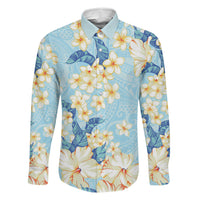 Hawaii Hibiscus Plumeria Blue Family Matching Off The Shoulder Long Sleeve Dress and Hawaiian Shirt Polynesian Pattern
