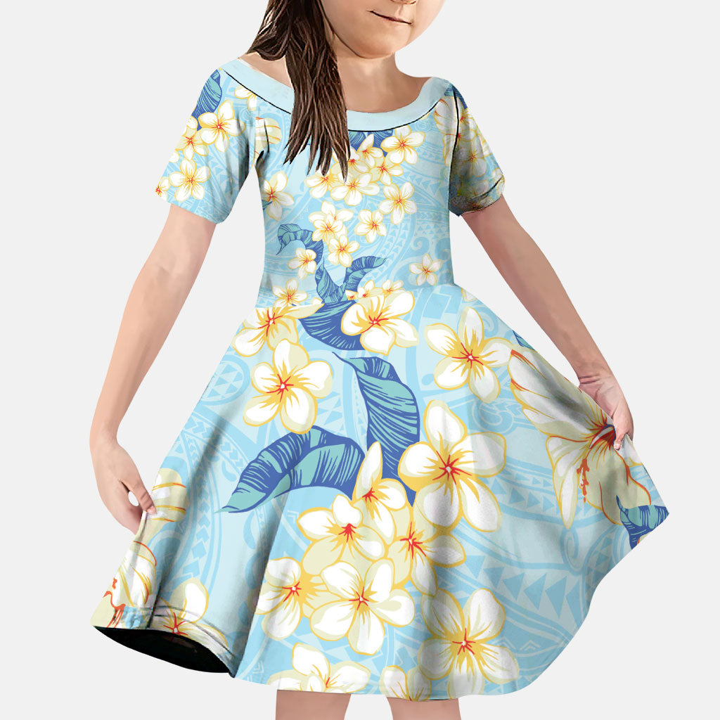 Hawaii Hibiscus Plumeria Blue Family Matching Off Shoulder Maxi Dress and Hawaiian Shirt Polynesian Pattern