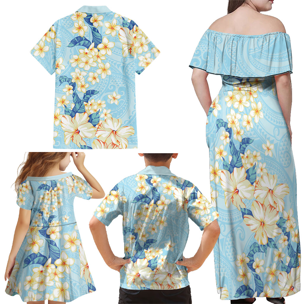 Hawaii Hibiscus Plumeria Blue Family Matching Off Shoulder Maxi Dress and Hawaiian Shirt Polynesian Pattern
