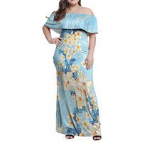 Hawaii Hibiscus Plumeria Blue Family Matching Off Shoulder Maxi Dress and Hawaiian Shirt Polynesian Pattern