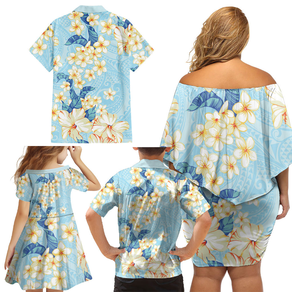 Hawaii Hibiscus Plumeria Blue Family Matching Off Shoulder Short Dress and Hawaiian Shirt Polynesian Pattern