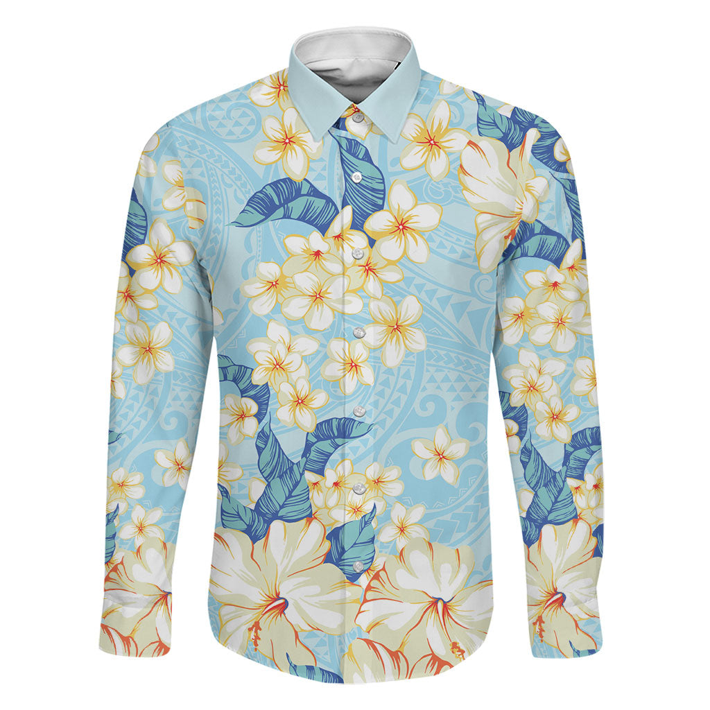Hawaii Hibiscus Plumeria Blue Family Matching Off Shoulder Short Dress and Hawaiian Shirt Polynesian Pattern