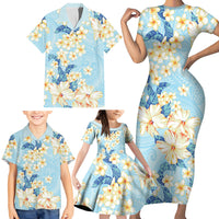 Hawaii Hibiscus Plumeria Blue Family Matching Short Sleeve Bodycon Dress and Hawaiian Shirt Polynesian Pattern