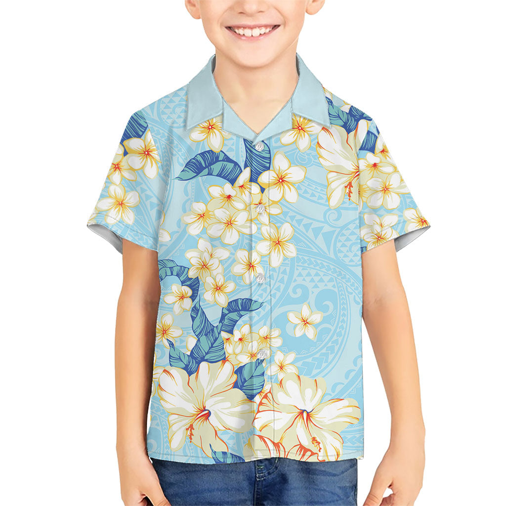 Hawaii Hibiscus Plumeria Blue Family Matching Short Sleeve Bodycon Dress and Hawaiian Shirt Polynesian Pattern