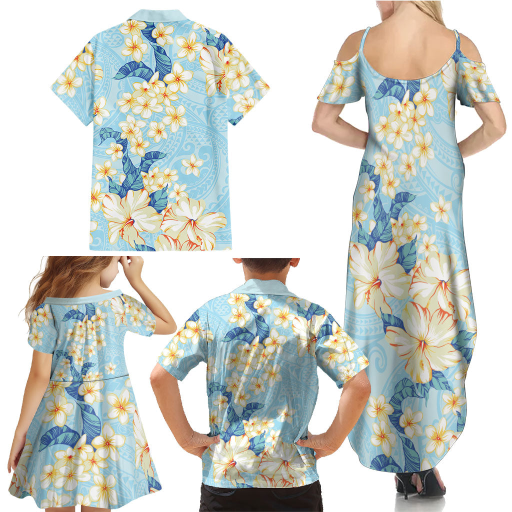 Hawaii Hibiscus Plumeria Blue Family Matching Summer Maxi Dress and Hawaiian Shirt Polynesian Pattern
