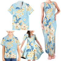 Hawaii Hibiscus Plumeria Blue Family Matching Tank Maxi Dress and Hawaiian Shirt Polynesian Pattern