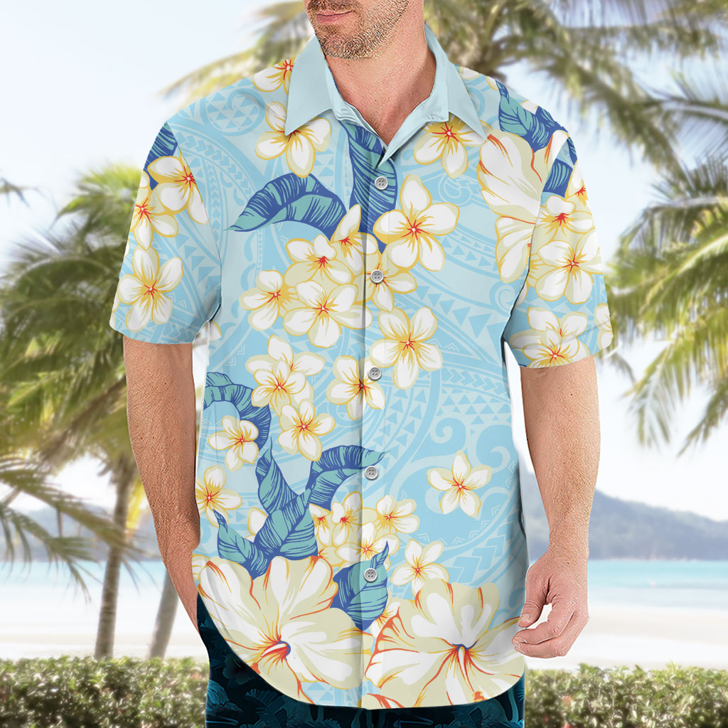 Hawaii Hibiscus Plumeria Blue Hawaiian Shirt Polynesian Pattern