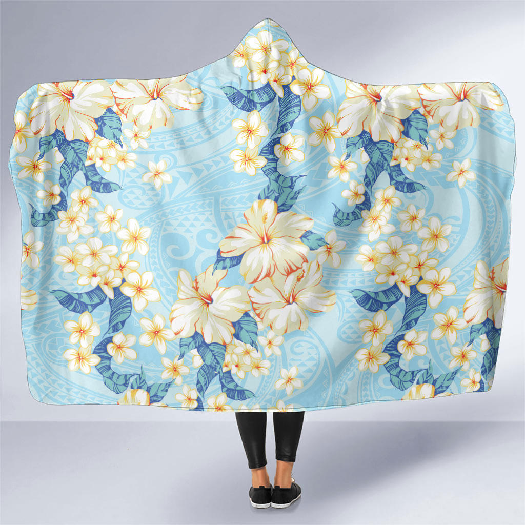 Hawaii Hibiscus Plumeria Blue Hooded Blanket Polynesian Pattern