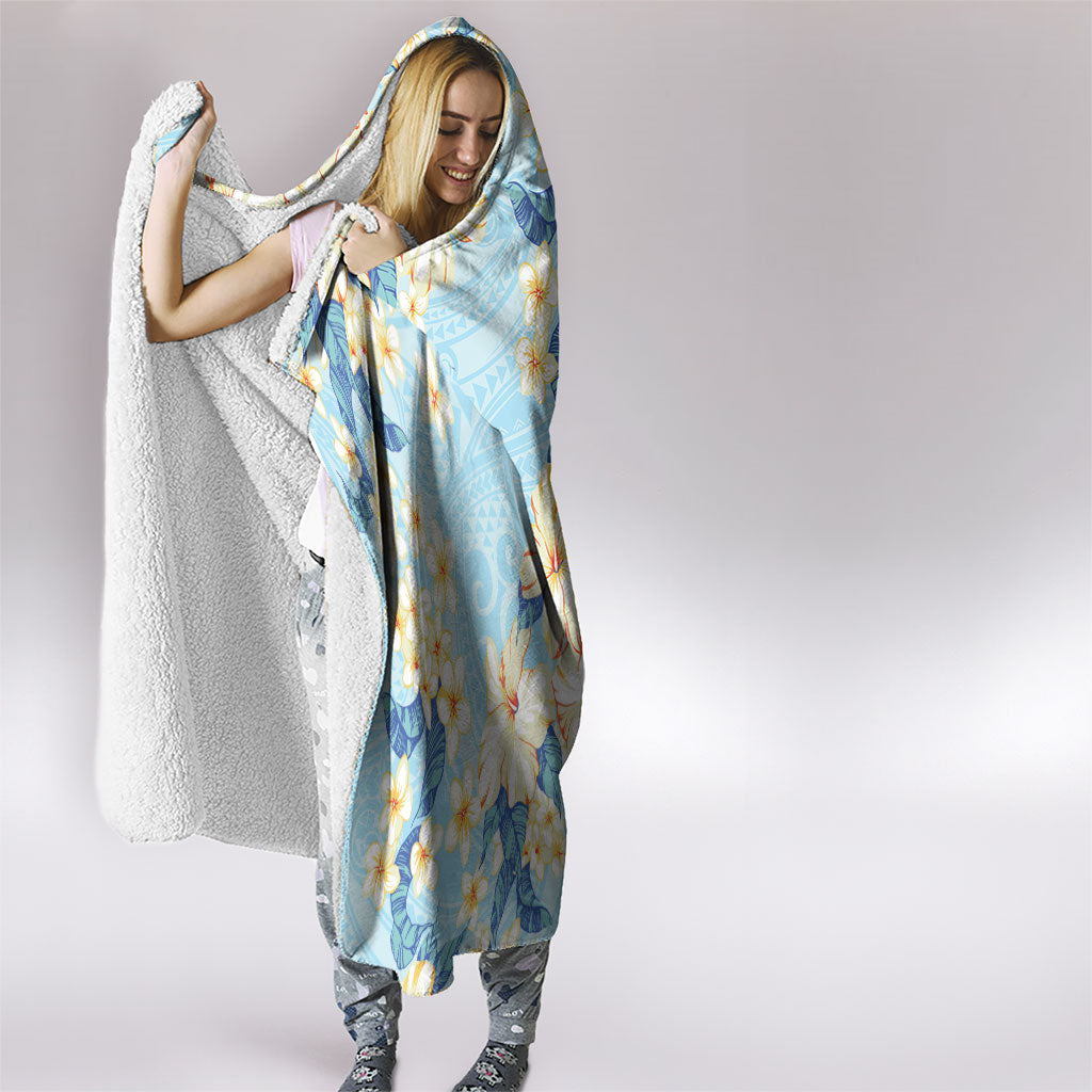 Hawaii Hibiscus Plumeria Blue Hooded Blanket Polynesian Pattern