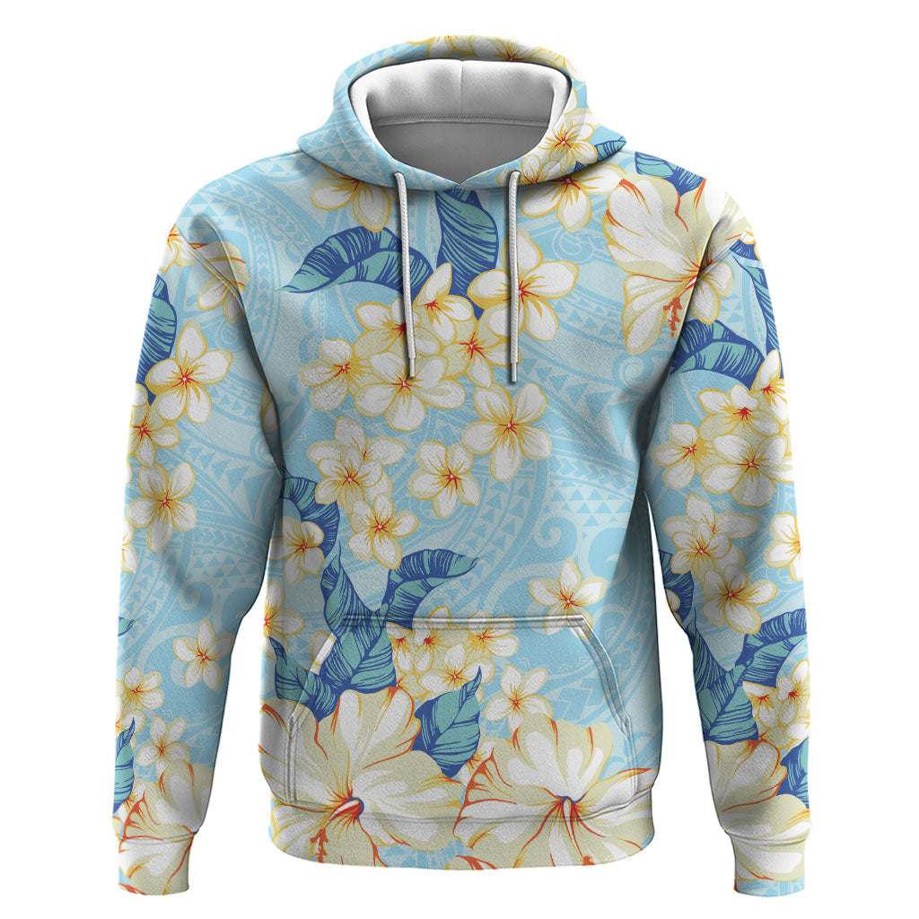 Hawaii Hibiscus Plumeria Blue Hoodie Polynesian Pattern