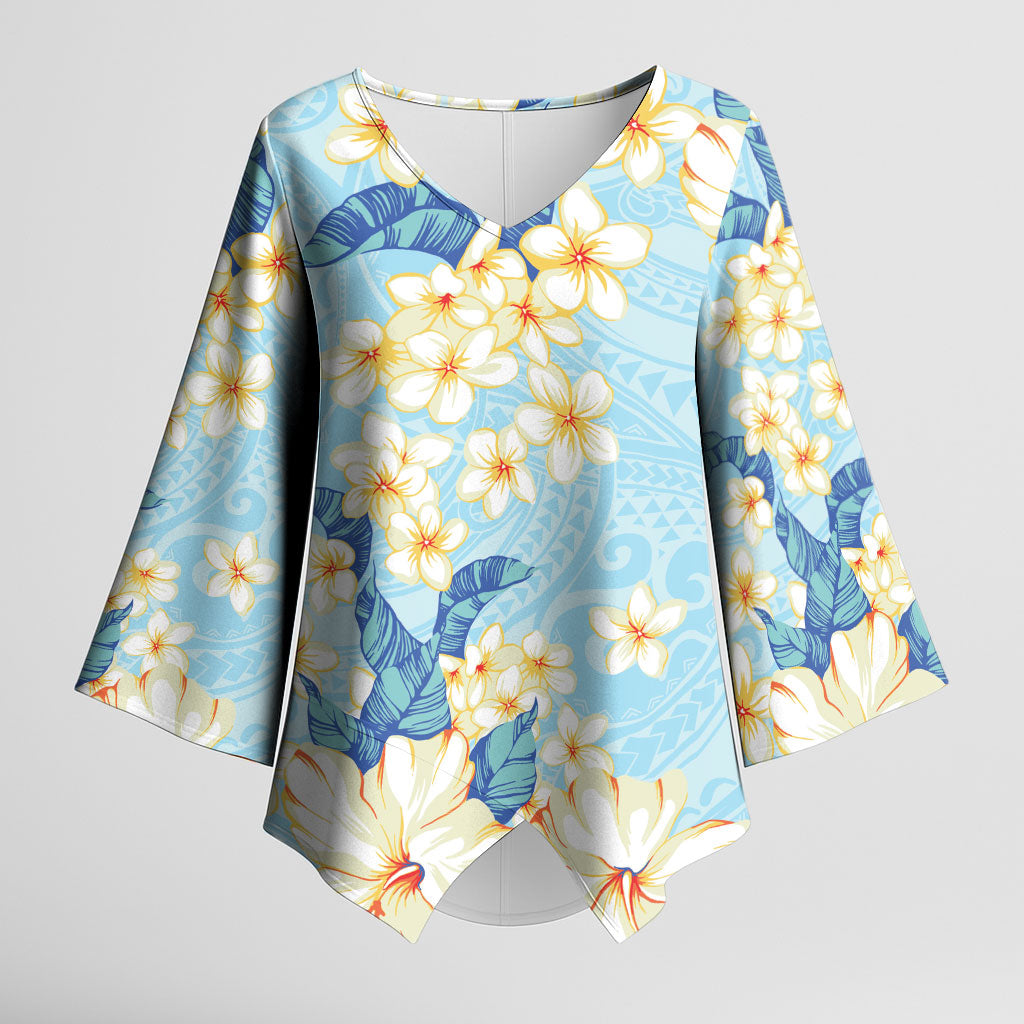 Hawaii Hibiscus Plumeria Blue Kimono Sleeve Blouse Polynesian Pattern