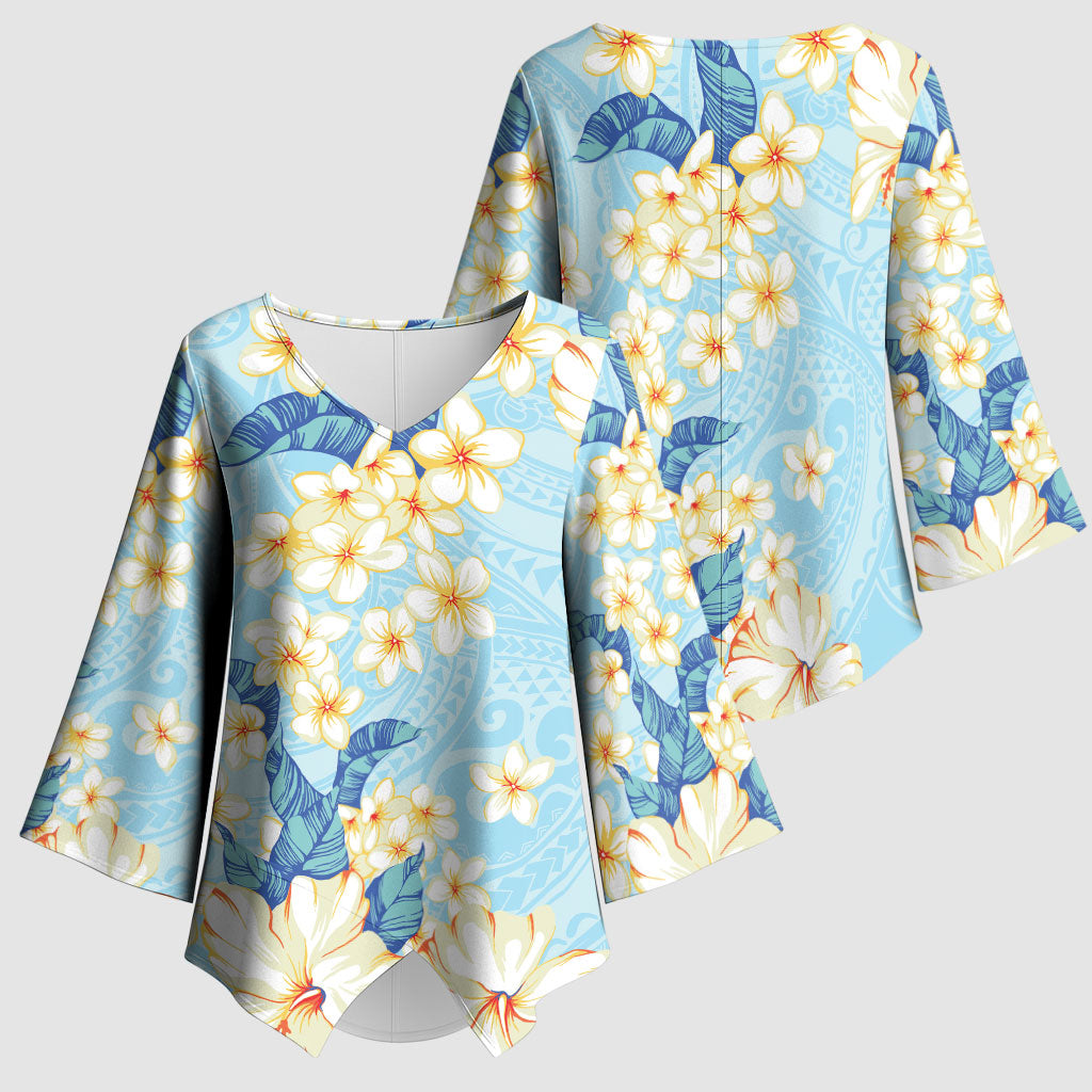 Hawaii Hibiscus Plumeria Blue Kimono Sleeve Blouse Polynesian Pattern