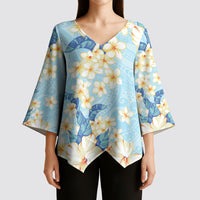 Hawaii Hibiscus Plumeria Blue Kimono Sleeve Blouse Polynesian Pattern
