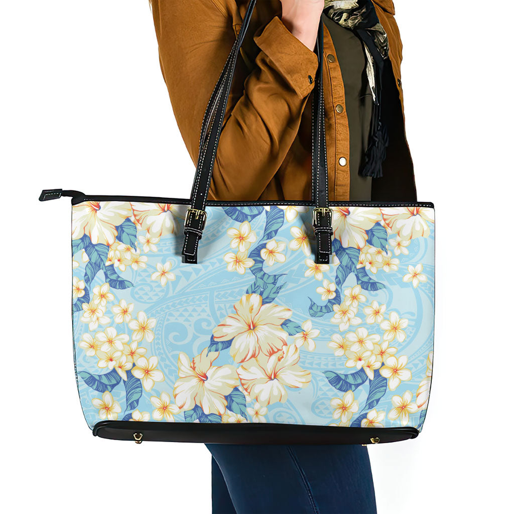 Hawaii Hibiscus Plumeria Blue Leather Tote Bag Polynesian Pattern